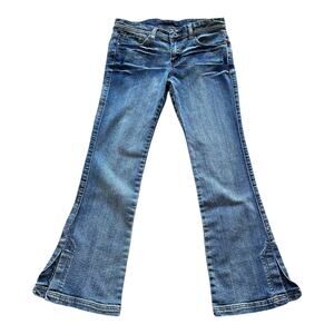 Womens Jeans Size XL Blue Denim Skinny Flare 70s Vibe Stretch Slit Cute Girly